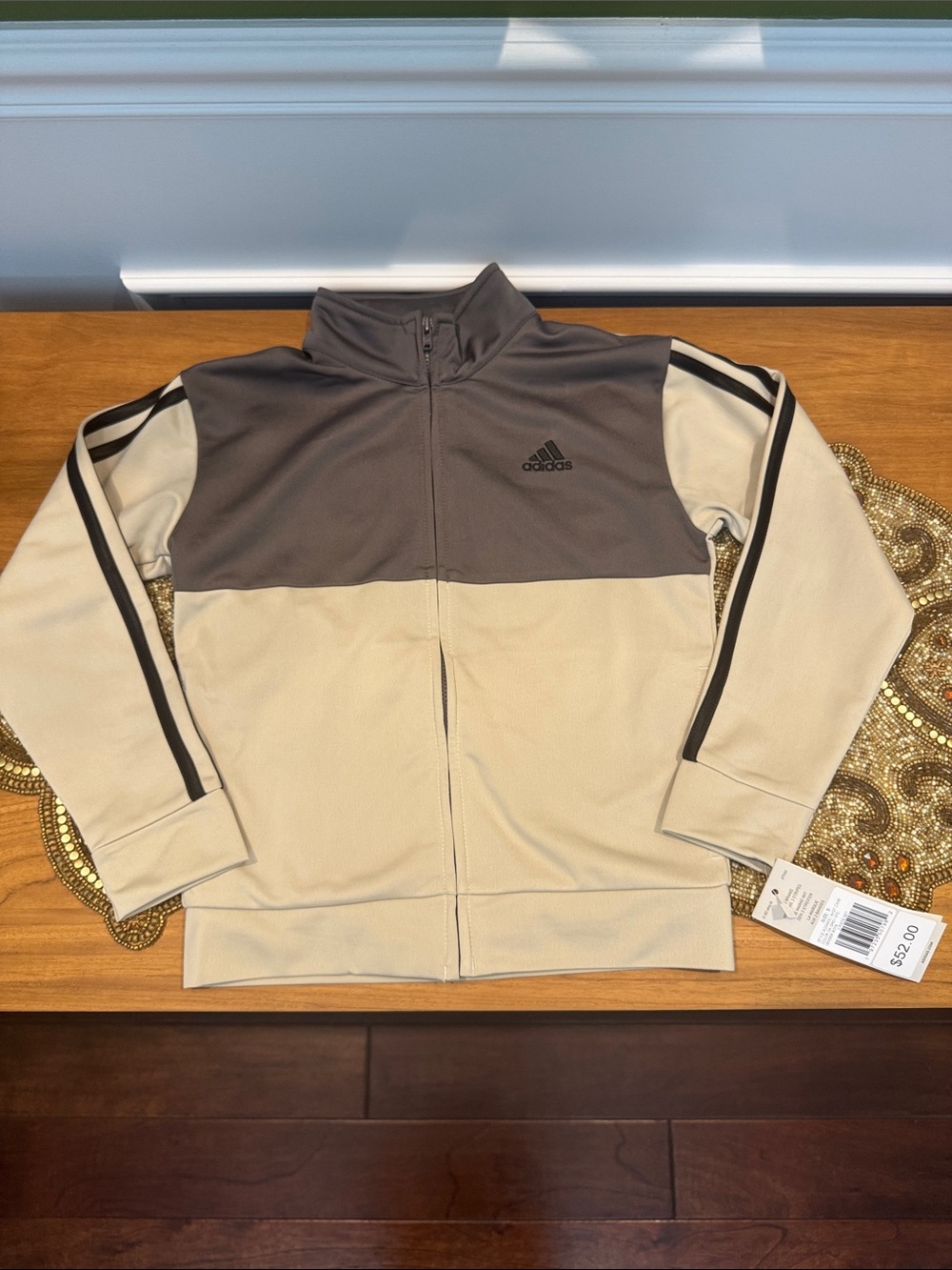 adidas Kids Two-Tone Track Jacket in Beige & Gray with black stripes, kids sz 5